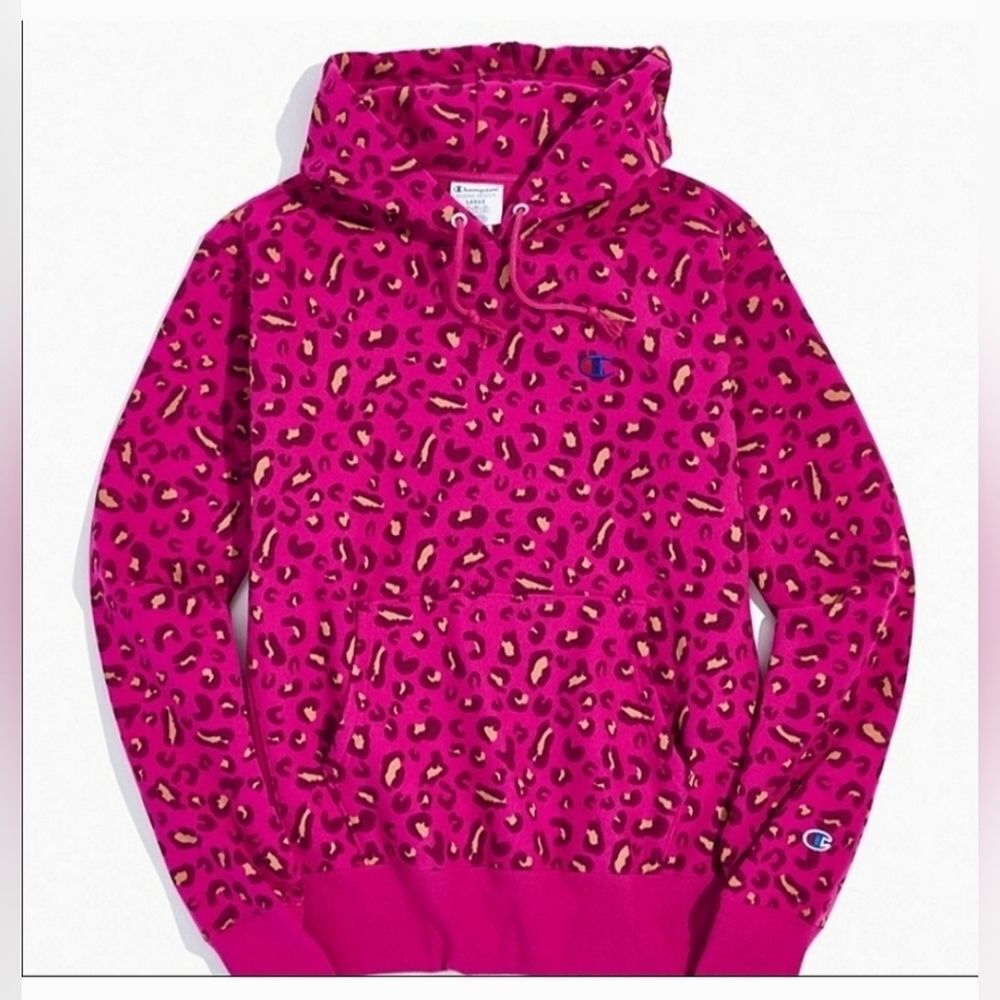 VGUC Champion Pink Leopard Hoodie UO Sweatshirt Unisex Size Small Reverse Weave